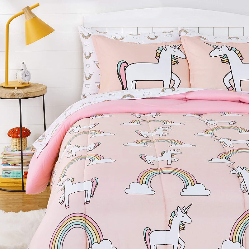 Photo 1 of Amazon Basics Kids Easy-Wash Microfiber Bed-in-a-Bag Bedding Set - Full/Queen, Unicorns & Rainbows
