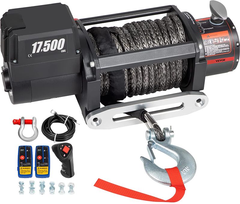 Photo 1 of **GROUNDING CABLE IS DAMAGED//PARTS ONLY

VEVOR Electric Winch, 17500 lbs Capacity, 85 ft/26 m Synthetic Rope, Waterproof ATV UTV Winches w/Wireless Remote and Corded Control & Hawse Fairlead

