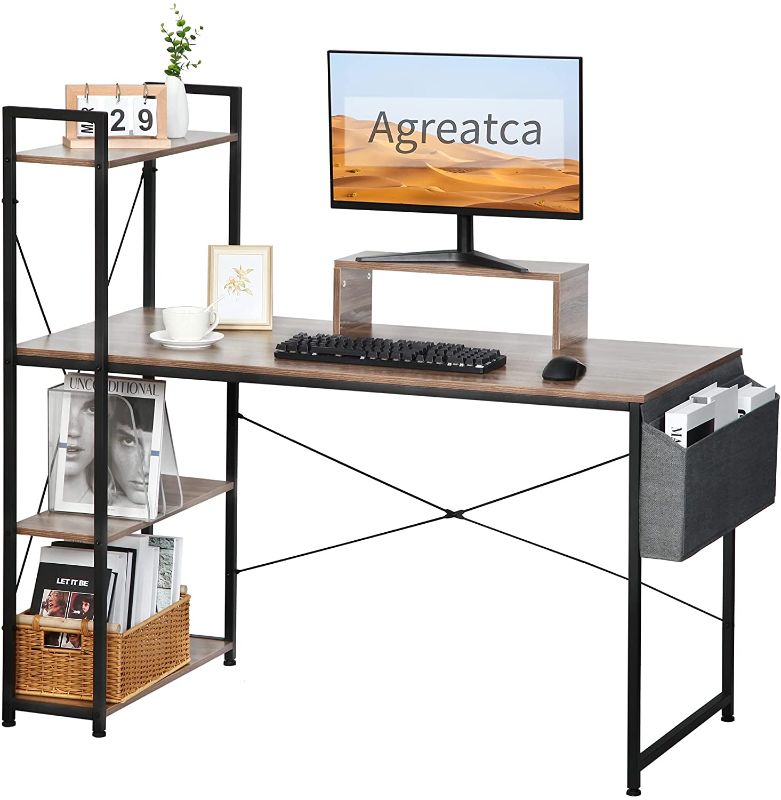 Photo 1 of Agreatca Computer Desk with Storage Shelves 55 Inch, Reversible Study Writing Table with Adjustable Bookshelf?File Bag?Wood Monitor Stand for Home Office...
