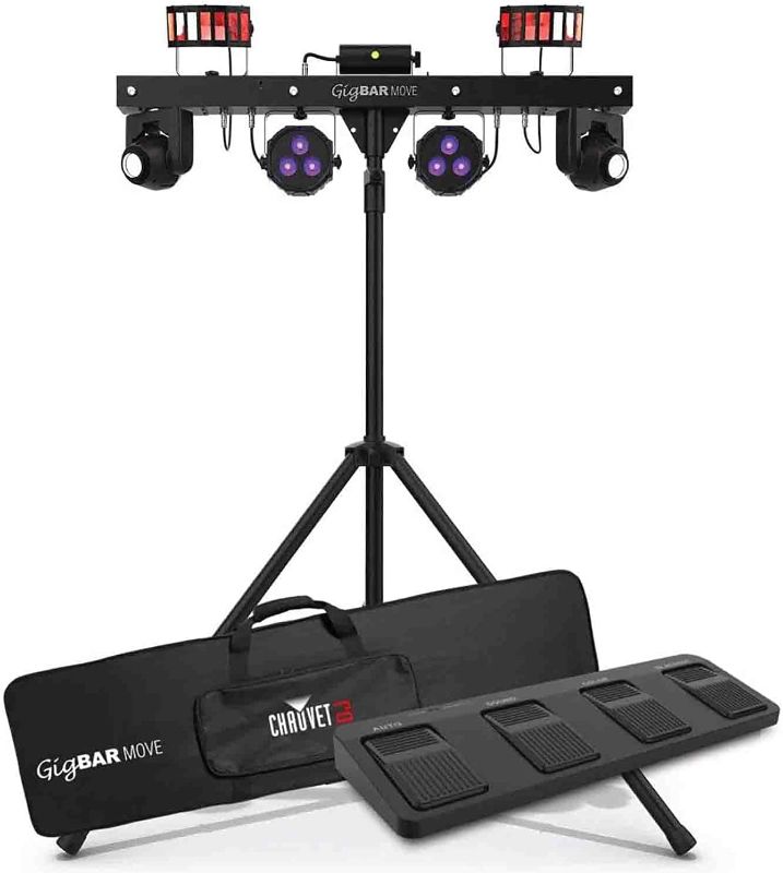 Photo 1 of **DAMAGED**
CHAUVET DJ Gig Bar Move 5-in-1 LED Lighting System with 2 Moving Heads Derbies, Washes, Laser, and Strobe Effects Pre-Mounted, Black
