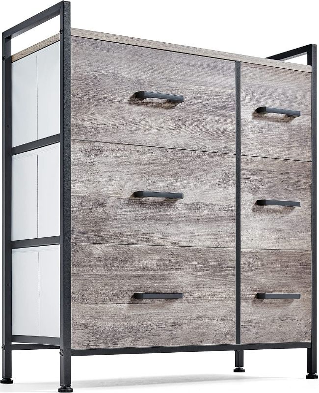 Photo 1 of 6 Drawer Dresser Wide Chest of Drawers Nightstand with Wood Top Rustic Storage Tower storage dresser Closet for Living Room, Bedroom, Hallway, Nursery, Kid
