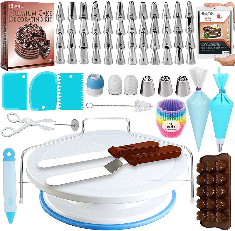 Photo 1 of 
RFAQK 150 PCs Cake Decorating Supplies Kit for Beginners-1 Turntable stand-48 Numbered icing tips with pattern chart & E.Book-1 Cake Leveler-Straight...