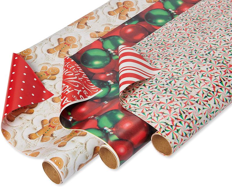 Photo 1 of 
American Greetings Reversible Christmas Wrapping Paper, Gingerbread, Ornaments and Peppermints (3 Pack, 120 sq. ft.)
Color:Gingerbread, Ornaments and Peppermints