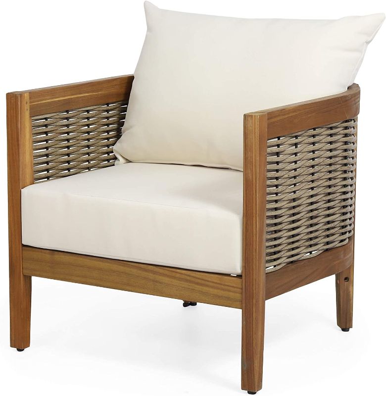 Photo 1 of ***ONE CHAIR ONLY** Burchett Outdoor Club Chair with Cushion - Acacia Wood and Wicker - Teak/Mixed Brown/Beige 


