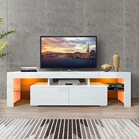 Photo 1 of (damaged ends; broken off hardware; scratches) 
DMAITH TV Stand with LED Lights, 2 Drawers and Open Shelves High Gloss Entertainment Center Media Console Table Storage Desk for Up to 70 Inch TV, White (003W)
