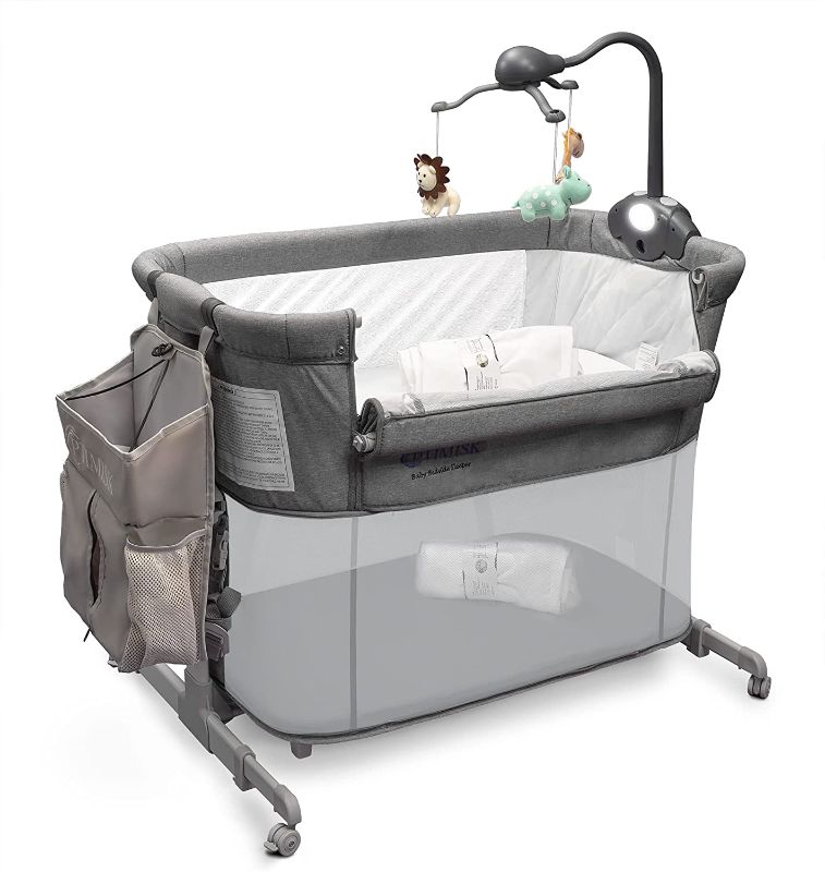 Photo 1 of 4in1 Bedside Bassinet for Baby Girl or Boy, Converts to a Crib and Playpen Usable up to 12 Months Old, Large Diaper Caddy, 5 Sheets, Crib Mobile, and 4...
