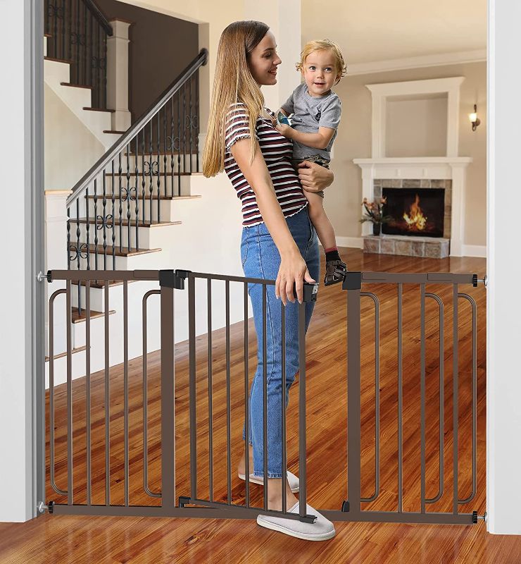 Photo 1 of Cumbor Baby Gate for Stairs, Extra Wide 57-Inch Dog Gate for Doorways, Pressure Mounted Walk Through Safety Child Gate for Kids Toddler, Adjustable Tall Pet Puppy Fence Gate, Brown
