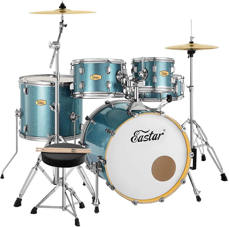 Photo 1 of Eastar Professional Drum Set Full Set for Adult,5-Piece Complete Drum Kit with Cymbals Stands Stool and Sticks, Starry Blue
