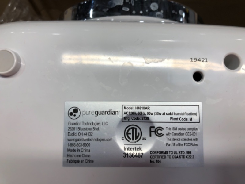 Photo 3 of ****PARTS ONLY****Pure Guardian H4810AR Ultrasonic Warm and Cool Mist Humidifier, 120 Hrs. Run Time, 2 Gal. Tank, 600 Sq. Ft. Coverage, Large Rooms, Quiet, Filter Free, Silver Clean Treated Tank, Essential Oil Tray
