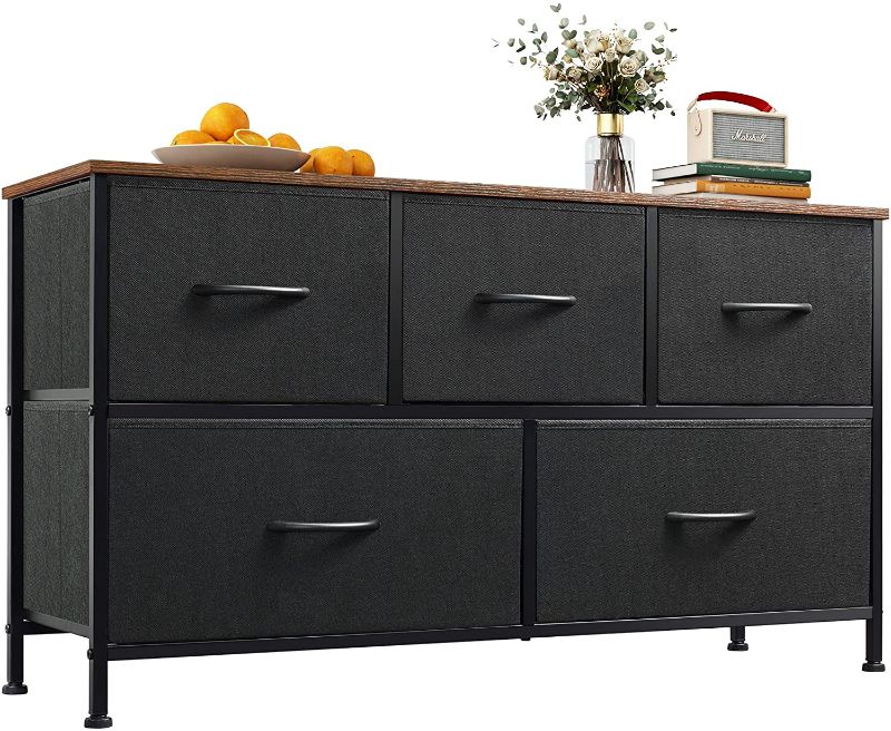 Photo 1 of **parts only ** WLIVE Dresser for Bedroom with 5 Drawers, Wide Chest of Drawers, Fabric Dresser, Storage Organizer Unit with Fabric Bins for Closet, Living Room, Hallway, Nursery, Black and Wood Grain Print
