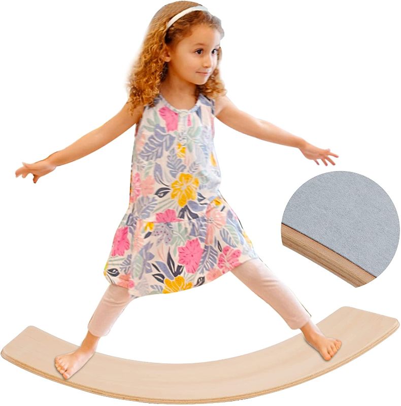 Photo 1 of Glintoper Wooden Wobble Balance Board, 27.5 Inch Kid Natural Wood Yoga Board Curvy Board, Kids Toddler Open Ended Learning Toy, Great Kids Learning Toy for Body Training, Wooden Rocker Board Kid Size