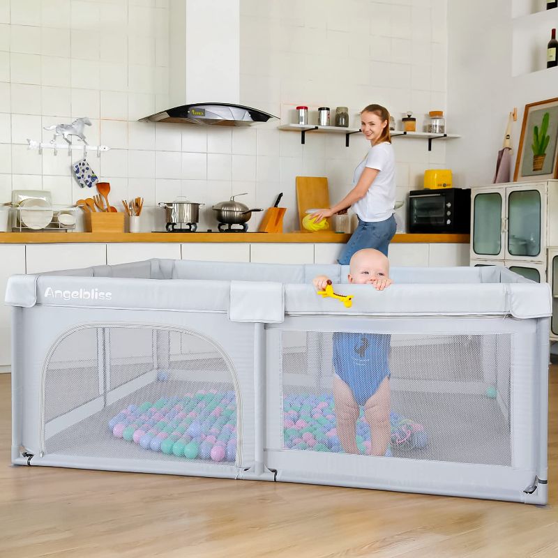 Photo 1 of ANGELBLISS Baby Playpen, Extra Large Playard for Baby, Playpens for Babies, Infant Safety Activity Center Sturdy Babies Playpen with Anti-Fall, Indoor and Outdoor Playard for Kids (Gray), Not included balls
