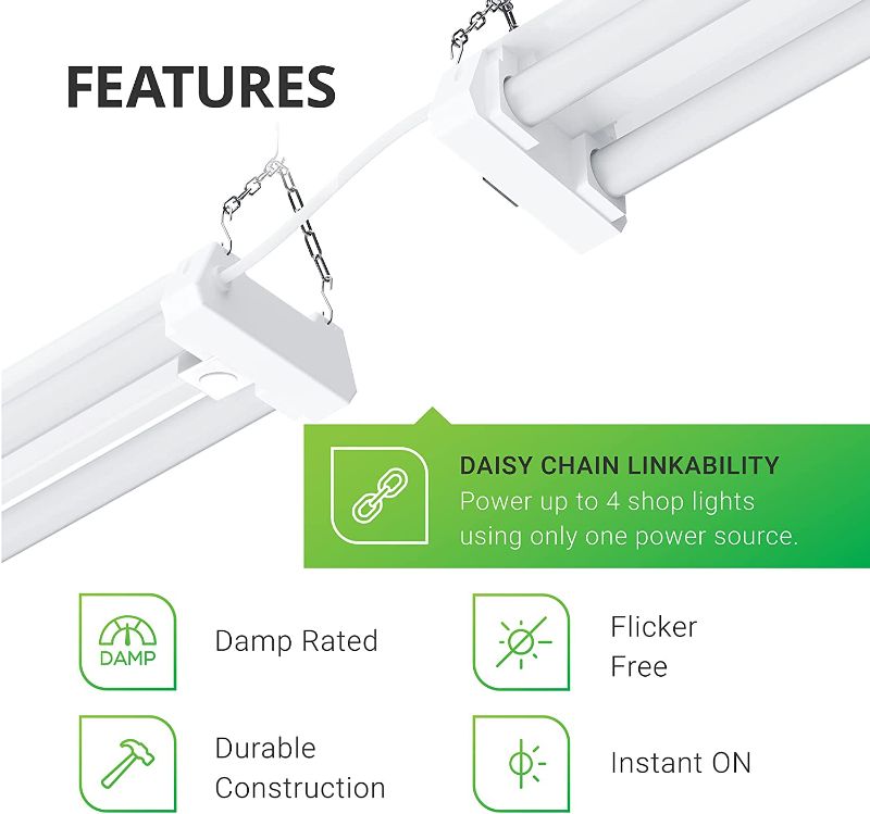 Photo 1 of **DAMAGED**
Sunco Lighting Motion Sensor Shop Light 4FT, Garage Lights Ceiling LED Fixtures, 40W=260W, 5000K Daylight, Linkable Plug in, Motion Activated, Frosted, Suspension Mount, ETL - Energy Star 1 Pack
