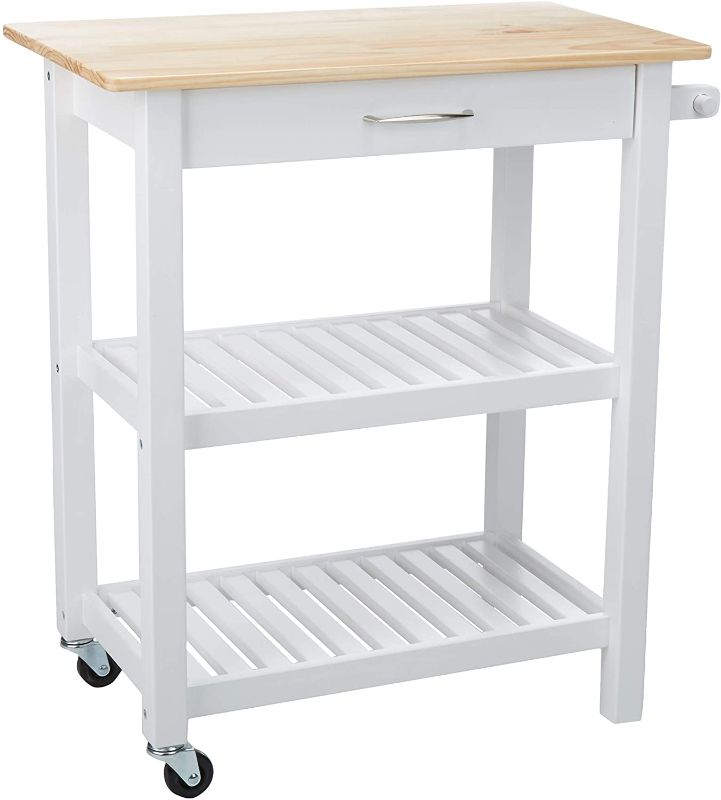 Photo 1 of **DAMAGED**
Amazon Basics Kitchen Island Cart with Storage, Solid Wood Top and Wheels - Natural / White
