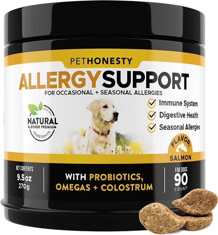 Photo 1 of **SOLD AS SET**
PetHonesty Allergy Support Supplement for Dogs - Omega 3 Salmon Fish Oil, Colostrum, Digestive Prebiotics & Probiotics - for Seasonal Allergies + Anti Itch, Skin Hot Spots Soft Chews (EXP: 09/2022, and GREENIES Fresh Natural Dental Dog Tre