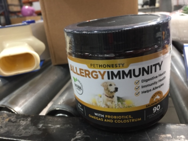 Photo 2 of **SOLD AS SET**
PetHonesty Allergy Support Supplement for Dogs - Omega 3 Salmon Fish Oil, Colostrum, Digestive Prebiotics & Probiotics - for Seasonal Allergies + Anti Itch, Skin Hot Spots Soft Chews (EXP: 09/2022, and GREENIES Fresh Natural Dental Dog Tre