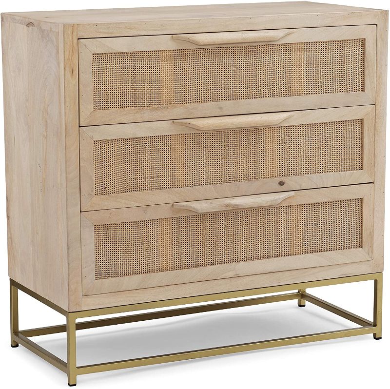 Photo 1 of **DAMAGED**
Powell Gold Base 3 Drawer Danika Cabinet, Natural Rattan 3
