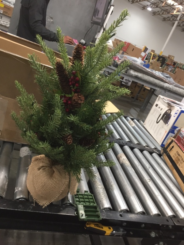Photo 1 of National Tree Company Pre-Lit 'Feel Real' Artificial Mini Christmas Tree, Green, Nordic Spruce, White Lights, Flocked with Pine Cones, Red Berries, Includes Burlap Bag Base, 3 Feet, Battery required/NOT INCLUDED BATTERY
