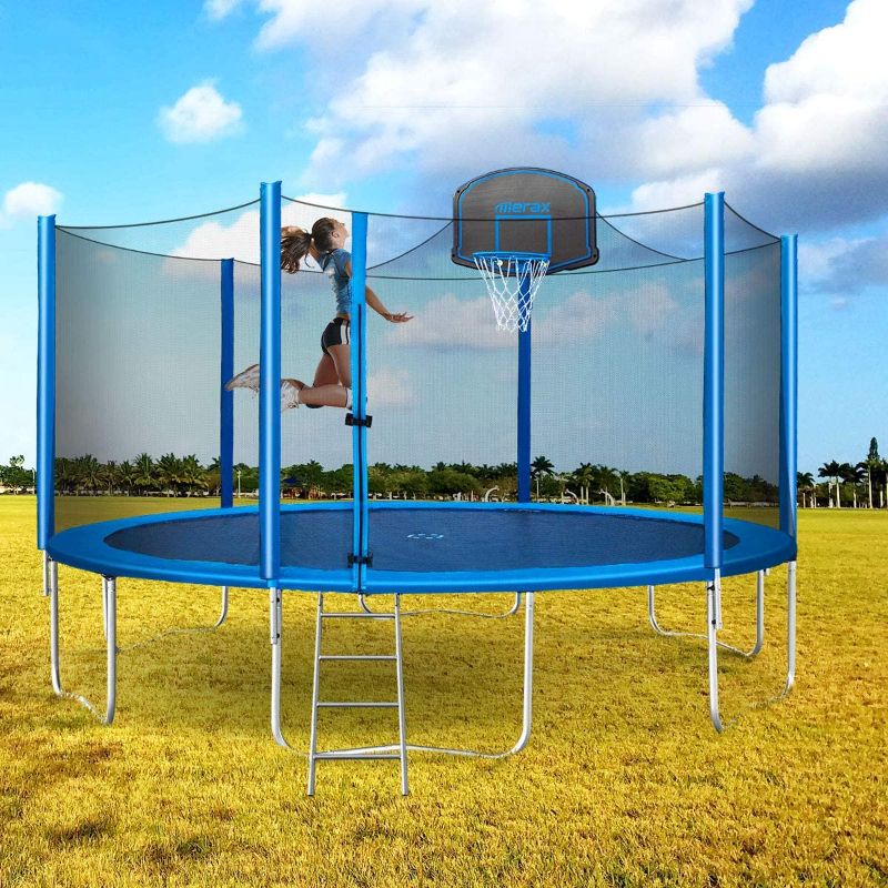 Photo 1 of **SIZE AND MODEL UNKNOWN**
(INCOMPLETE)
Trampoline with Safety Enclosure Net, Basketball Hoop and Ladder ASTM Approved Outdoor Trampoline for Kids and Adults with Jumping Mat and Spring Cover
