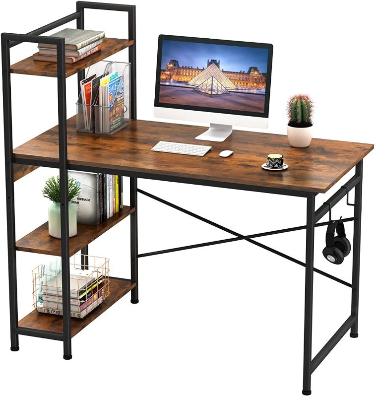 Photo 1 of Engriy Computer Desk with 4 Tier Shelves for Home Office, 47" Writing Study Table with Bookshelf and 2 Hooks, Multipurpose Industrial Wood Desk Workstation with Metal Frame for PC Laptop, Rustic Brown
