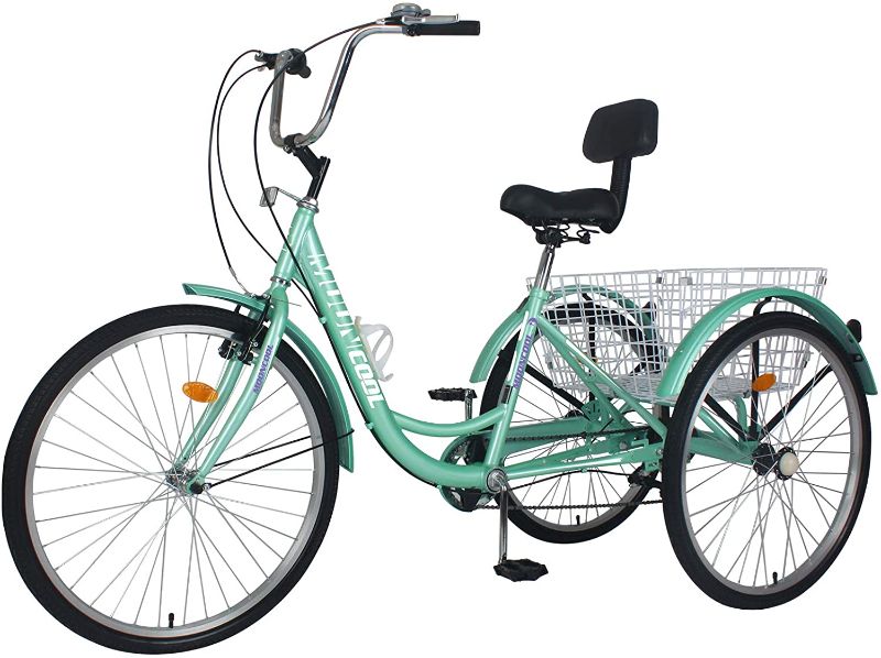 Photo 1 of  Adult Tricycle Three Wheel Bikes 7 Speed, teal Tricycle with Bell Brake System, Bicycles with Cargo Basket for Shopping
