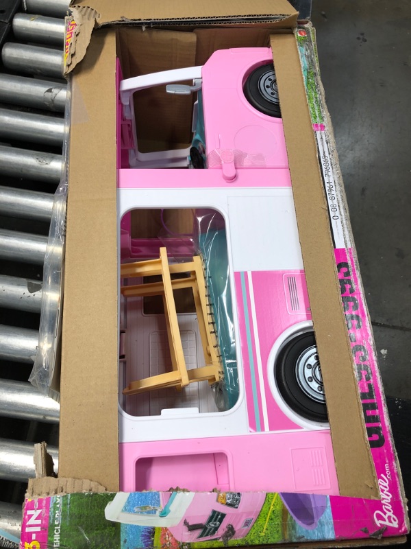 Photo 1 of ?Barbie 3-in-1 DreamCamper Vehicle, approx. 3-ft, Transforming Camper with Pool, Truck, Boat and 50 Accessories, Makes a Great Gift for 3 to 7 Year Olds
