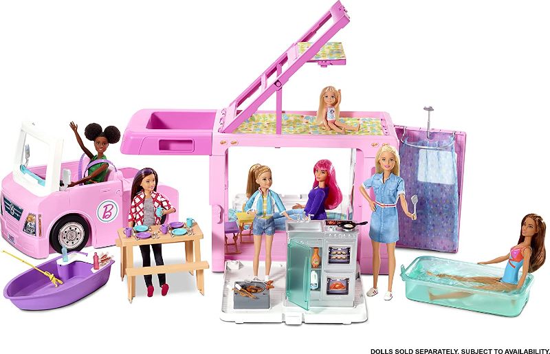 Photo 1 of ?Barbie 3-in-1 DreamCamper Vehicle, approx. 3-ft, Transforming Camper with Pool, Truck, Boat and 50 Accessories, Makes a Great Gift for 3 to 7 Year Olds
