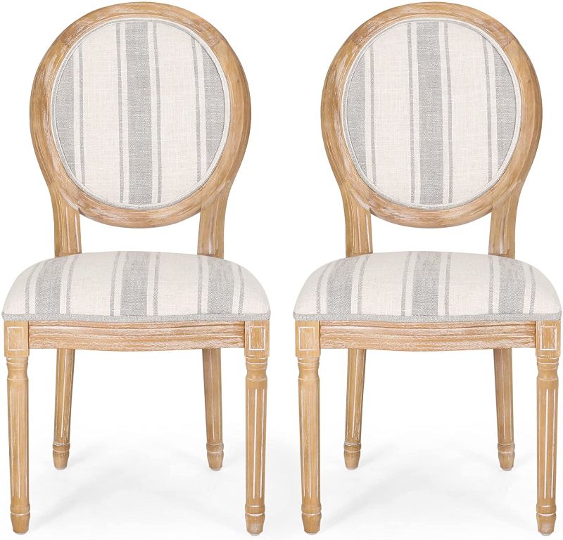 Photo 1 of Christopher Knight Home Phinnaeus Dining Chair Set, Set of 2, Dark Blue Stripes + Light Beige + Natural
