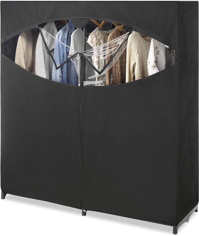Photo 1 of **ITEM IS TORN, INCOMPLETE, SOME PARTS AR DAMAGED**
Whitmor Portable Wardrobe Clothes Storage Organizer Closet with Hanging Rack - Extra Wide -Black Color - No-tool Assembly - Extra Strong and Durable - 60"L x 19.5"W x 64"

