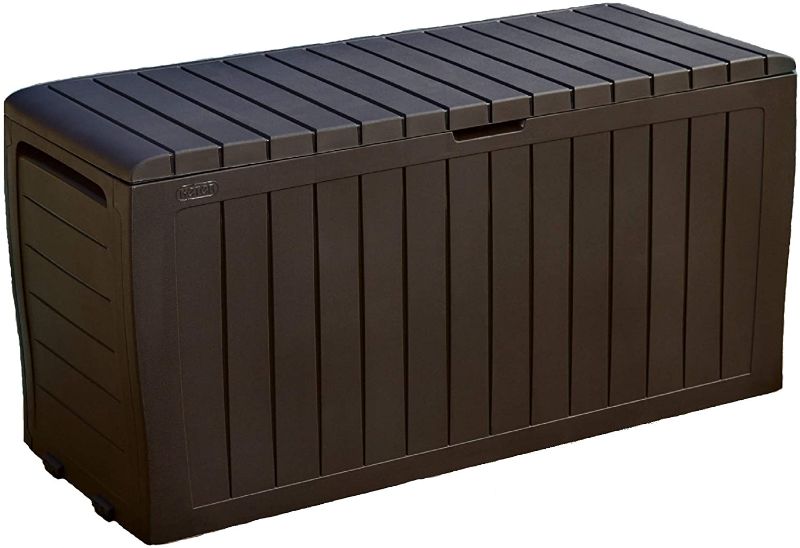 Photo 1 of **PANELS ARE BROKEN IN DIFFERENT SPOTS**
Keter Marvel Plus 71 Gallon Resin Outdoor Storage Box for Patio Furniture Cushion Storage, Brown
