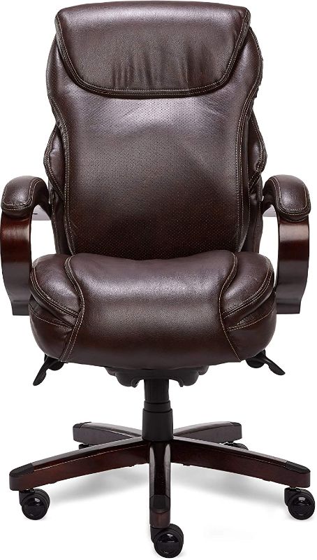 Photo 1 of **MISSING HARDWARE, PAINT ON WOOD IS SCUFFED AND CHIPPED**
La-Z-Boy Hyland Executive Office Chair with AIR Technology, Adjustable High Back Ergonomic Lumbar Support, Bonded Leather, Brown with Mahogany Wood Finish
