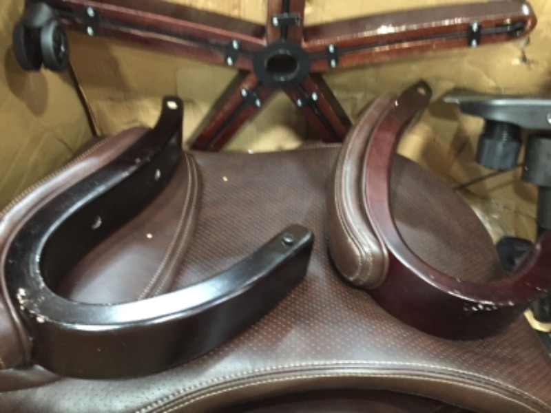 Photo 1 of **MISSING HARDWARE, PAINT ON WOOD IS SCUFFED AND CHIPPED**
La-Z-Boy Hyland Executive Office Chair with AIR Technology, Adjustable High Back Ergonomic Lumbar Support, Bonded Leather, Brown with Mahogany Wood Finish
