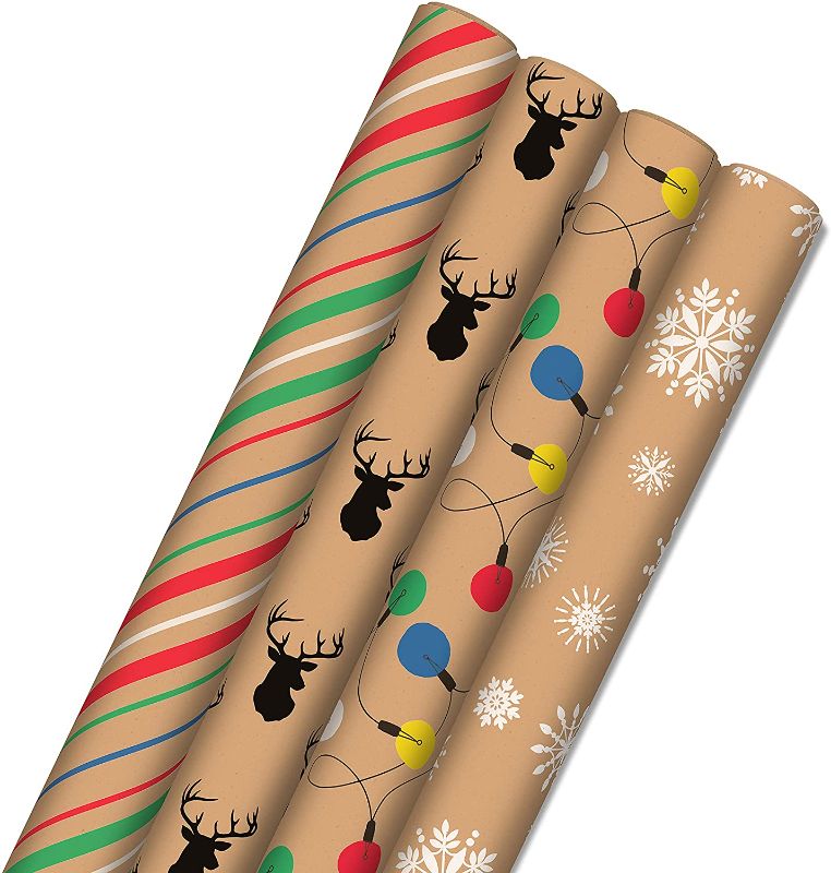 Photo 1 of **missing two rolls**
Hallmark Recyclable Christmas Wrapping Paper for Kids with Cut Lines on Reverse (4 Rolls: 88 sq. ft. ttl) Kraft Brown with Christmas Lights, Deer, Snowflakes, Red, Green, Blue Stripes

