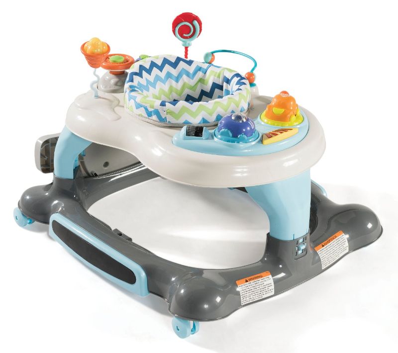 Photo 1 of **MISSING ONE BUTTON TO KEEP SEAT IN PLACE**SIMILAR  TO STOCK PHOTO**

Storkcraft 3-in-1 Activity Walker and Rocker with Jumping Board and Feeding Tray, Interactive Walker with Toy Tray and Jumping Board for Toddlers and Infants, Blue/Gray
