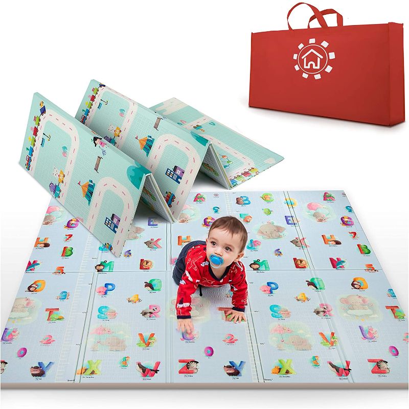 Photo 1 of  Baby Play Mat -Extra Large 77"x70"- Anti-Slip & Waterproof - Foldable Play Mat for Baby ( 0-3+ ), Double Sided , 2 Designs to Improve Learning & Focus , Thick Foam Mat for Kids
