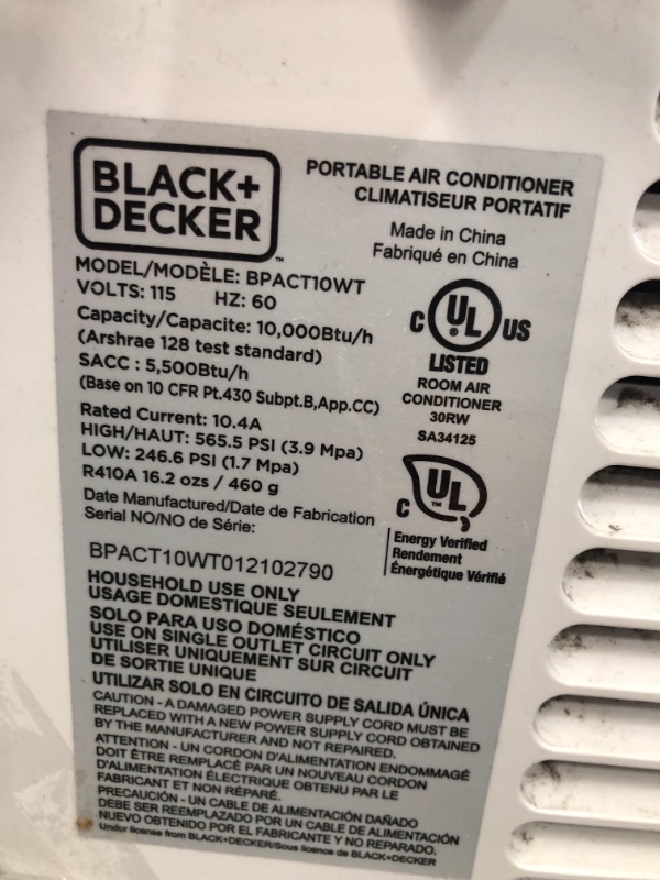 Photo 5 of **DAMAGE TO AC UNIT FRAME **
BLACK+DECKER BPACT10WT Portable Air Conditioner with Remote Control, 10,000 BTU, Cools Up to 250 Square Feet, White
