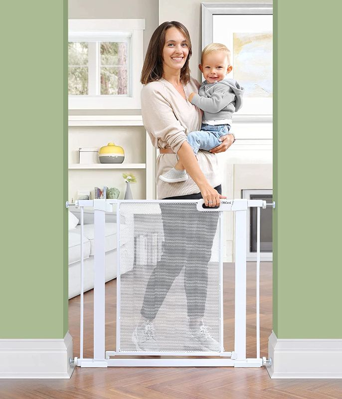 Photo 1 of OhGeni Baby Gate for Stairs, Extra Wide 37.8-Inch Mesh Dog Gate for Doorways Hallway, Pressure Mounted Easy Walk Through Safety Child Gate for Kids Toddler, Adjustable Tall Pet Puppy Fence Gate, Metal
