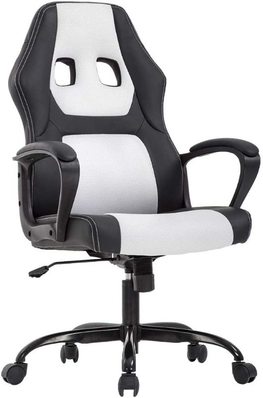 Photo 1 of Racing Home Office Chair, Ergonomic Executive PU Gaming Chair, Rolling Metal Base Swivel Desk Chairs with Arms Lumbar Support Computer Chair for Women,Men(White)
