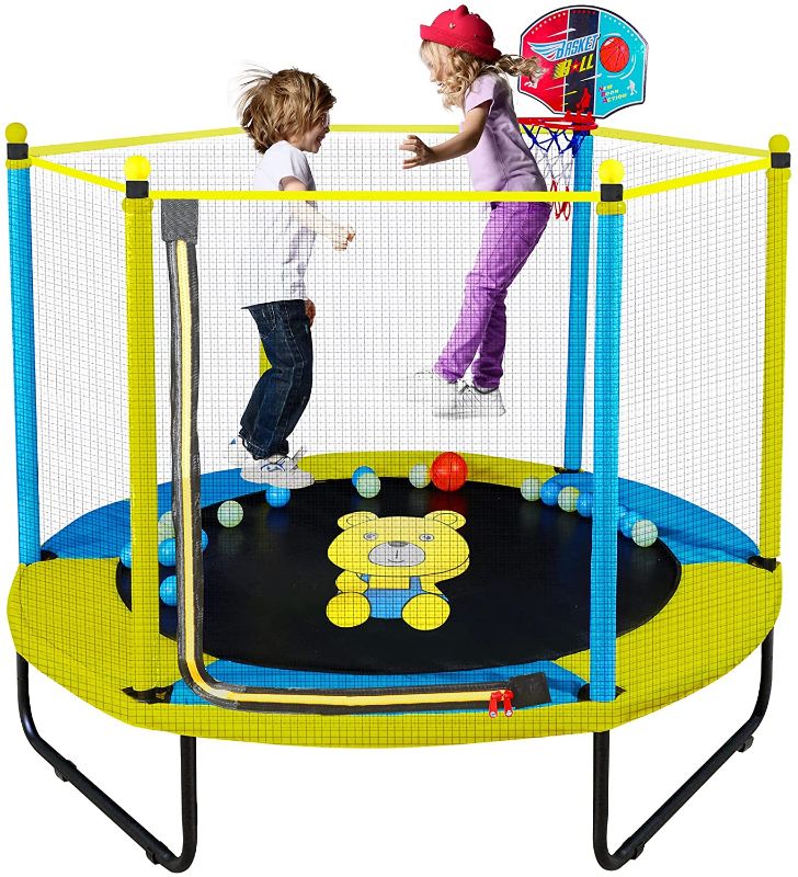 Photo 1 of 60" Trampoline for Kids, 5FT Indoor Outdoor Trampoline with Enclosure Net, Mini Baby Toddler Trampoline with Basketball Hoop, Recreational Trampolines Birthday Gifts for Children.
