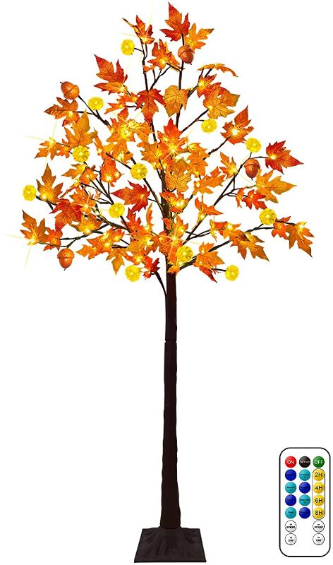 Photo 1 of 6Ft Lighted Fall Thanksgiving Decor Maple Tree, 117LED with 12 Pumpkins & Acorn & Timer 8 Flashing Mode Remote Control Artificial Tree Thanksgiving Decor Fall Home Indoor Outdoor Autumn Decor
