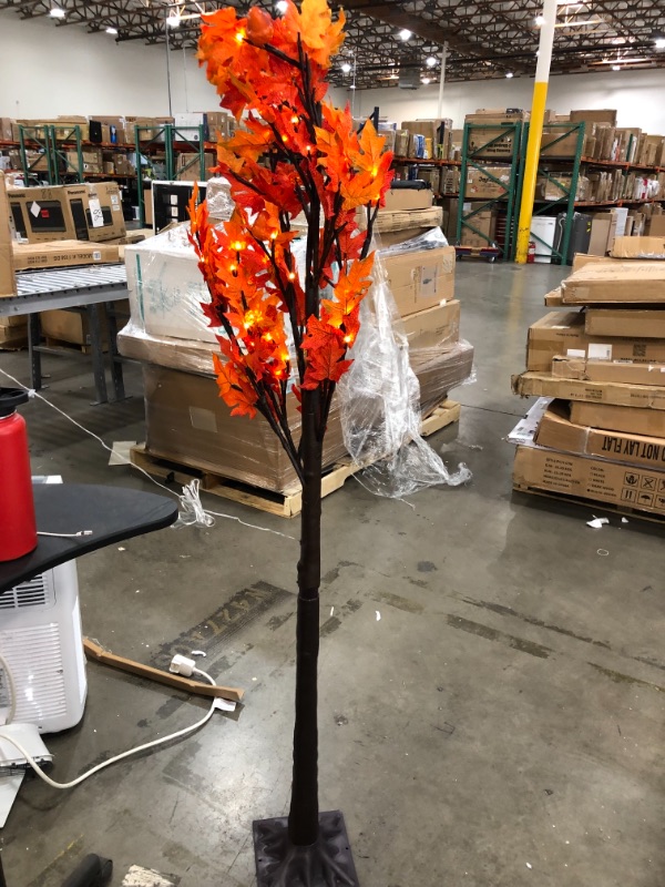 Photo 2 of 6Ft Lighted Fall Thanksgiving Decor Maple Tree, 117LED with 12 Pumpkins & Acorn & Timer 8 Flashing Mode Remote Control Artificial Tree Thanksgiving Decor Fall Home Indoor Outdoor Autumn Decor
