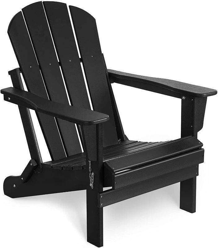 Photo 1 of **USED, MISSING PARTS**
 Folding Adirondack Chair Outdoor, HDPE Poly Lumber Weather Resistant Patio Chairs for Garden, Deck, Backyard, Lawn Furniture, Easy Maintenance & Classic Adirondack Chairs Design, Black
