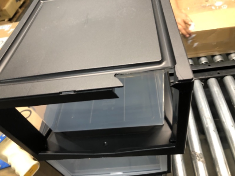 Photo 2 of **ONE DRAWER IS BROKEN REFER TO PHOTO**
IRIS USA Medium Stackable Plastic Storage Drawer, 1 count (pack of 3), Black, 3 Pack
