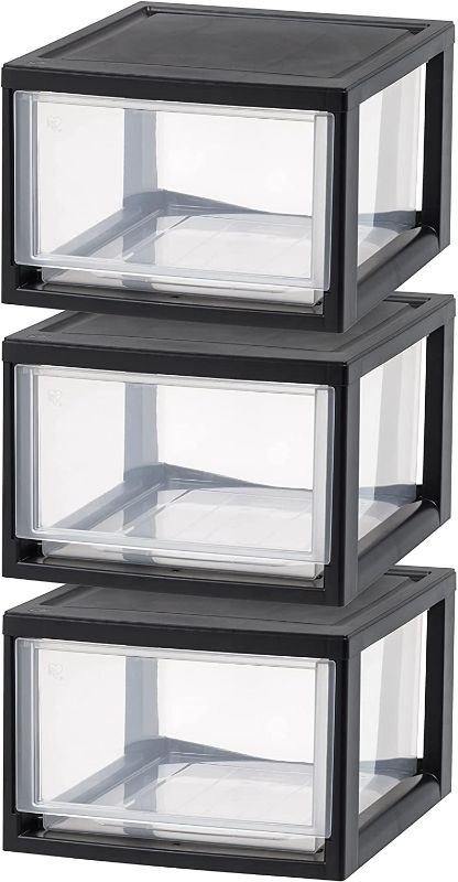 Photo 1 of **ONE DRAWER IS BROKEN REFER TO PHOTO**
IRIS USA Medium Stackable Plastic Storage Drawer, 1 count (pack of 3), Black, 3 Pack
