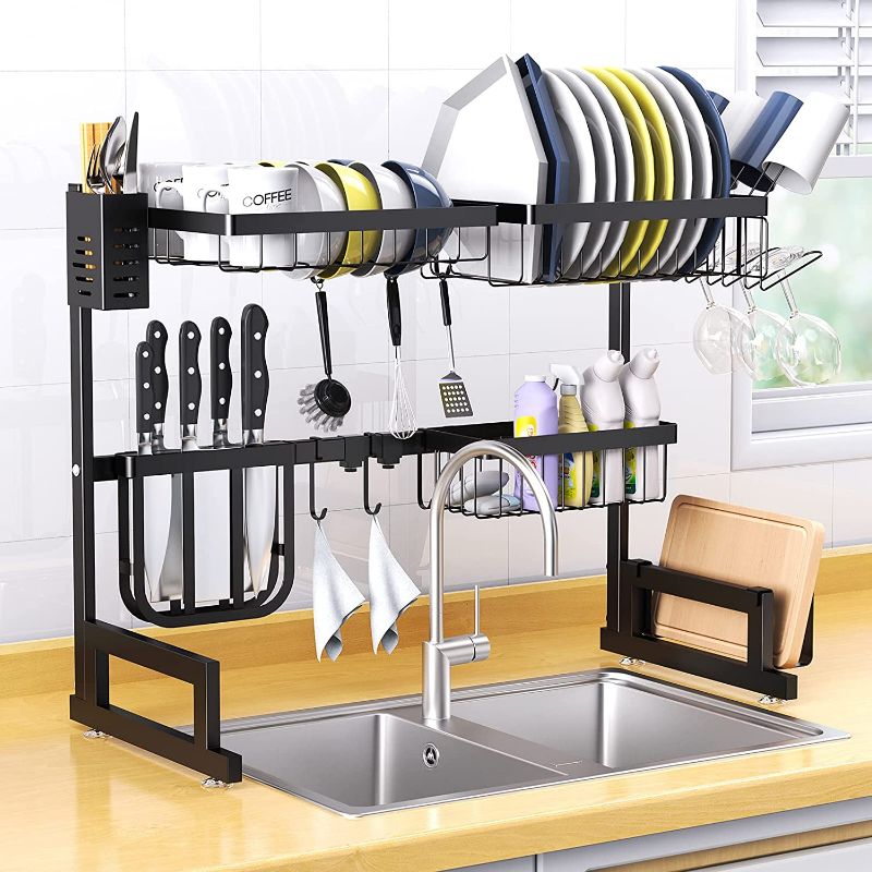 Photo 1 of **USED**
Dish Drying Rack Over Sink, Basstop Length Adjustable (25.6''?Sink Size?''33.5) Stainless Steel Above Sink Dish Rack Drainer Shelf with 2 Tier 6 Hook for Kitchen Counter Space Saving-Matte Black
