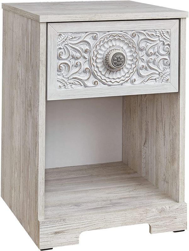 Photo 1 of **DAMAGE TO BACK PANEL IN DRAWER**,MISSING SCREW TO ATTACH DRAWER KNOB**
Signature Design by Ashley Paxberry Boho One Drawer Nightstand, Whitewash
