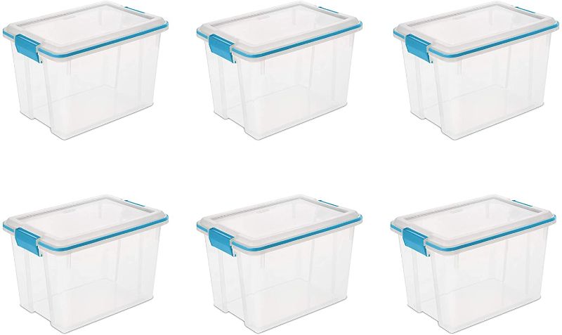 Photo 1 of Sterilite 19324306 20 Quart/19 Liter Gasket Box, Clear with Blue Aquarium Latches and Gasket, 6-Pack
