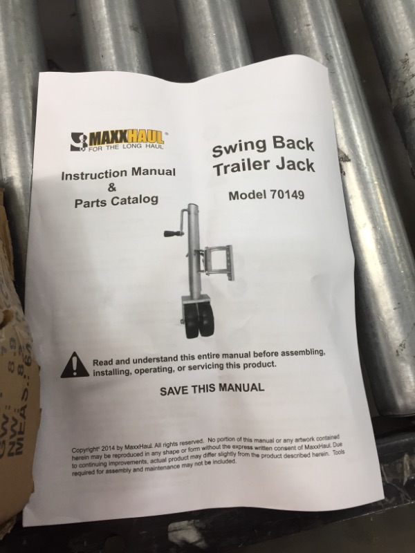 Photo 3 of 
MaxxHaul 70149 26-1/2" to 38" Lift Swing Back Trailer Jack with Dual Wheels - 1500 lbs. Capacity , Grey
