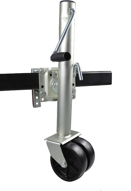 Photo 1 of 
MaxxHaul 70149 26-1/2" to 38" Lift Swing Back Trailer Jack with Dual Wheels - 1500 lbs. Capacity , Grey
