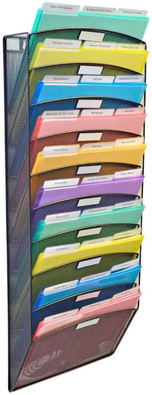 Photo 1 of Ultimate Office Mesh Wall File Organizer, 10 Tier Vertical Mount Hanging File Sorter. Multipurpose Display Rack Includes 18, 3rd Cut PocketFile Clear Document Folder Project Pockets (Black)
